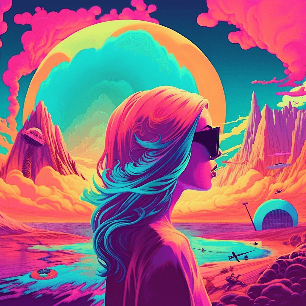 vaporwave side profile of a woman looking out at a distorted world